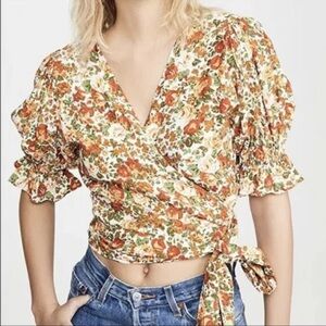 Faithful The Brand US 4 Le Rose Mali Orange Floral Wrap Crop Top V Neck Puff